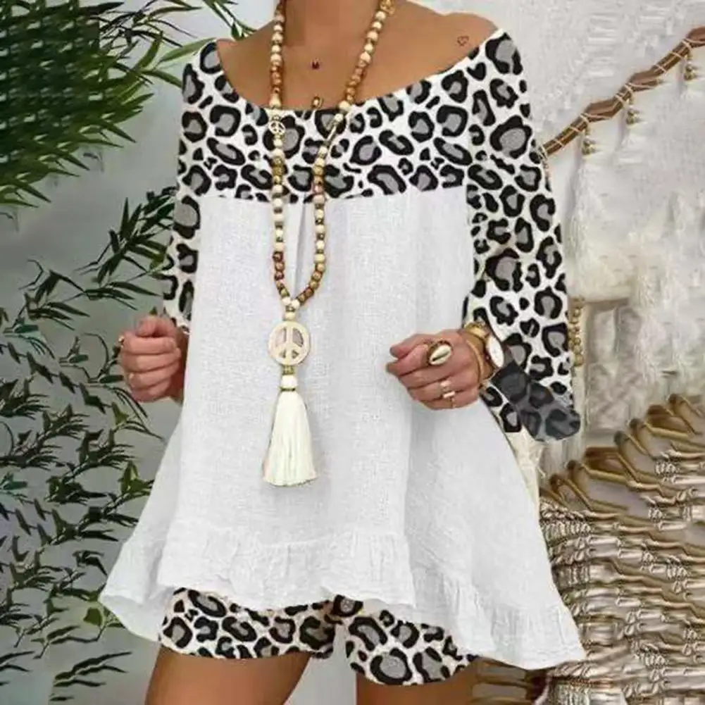 Summer Vintage Leopard Patchwork Outfits Set Cotton Linen Shirt Tops And Loose Shorts Suit Casual 3/4 Sleeve Women Two Piece Set plus size bra and panty sets