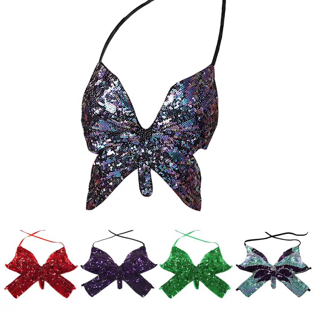 Tribal Glitter Belly Dance Bra Womens Sparkle Sequins Butterfly Halter Top Sexy for Party Club