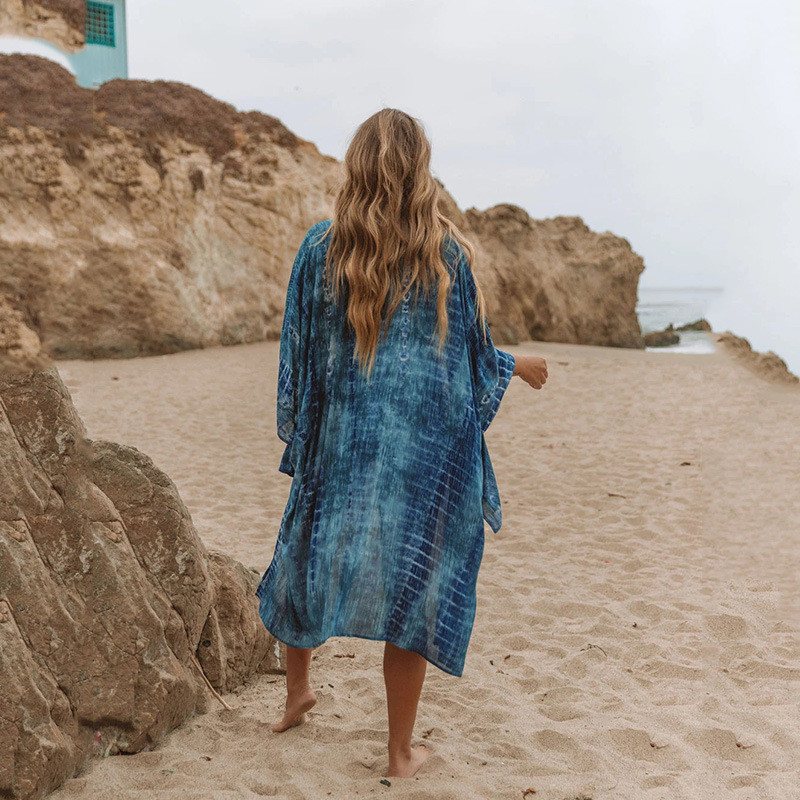 teelynn robe kimono imprimée en coton bleu pour haut sexy manches style boho