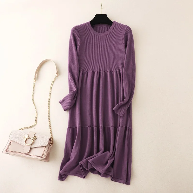 Autumn Midi long sweater Purple dress elegant women winter new base with loose large size A-LINE knitted dress female vestidos