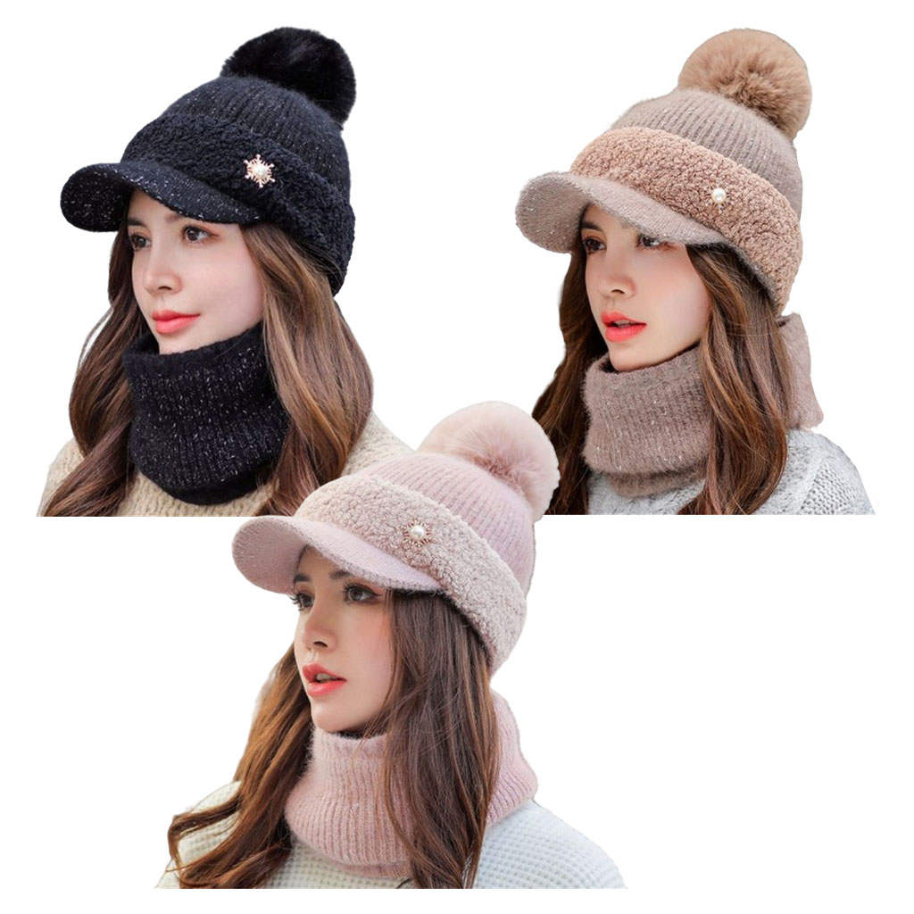 Women's Warm Beanie Hat Scarf Set, Knitted Wool Thick Visor Slouchy Skull Caps for Outdoor Ski, Cycling and Camping, Ladies