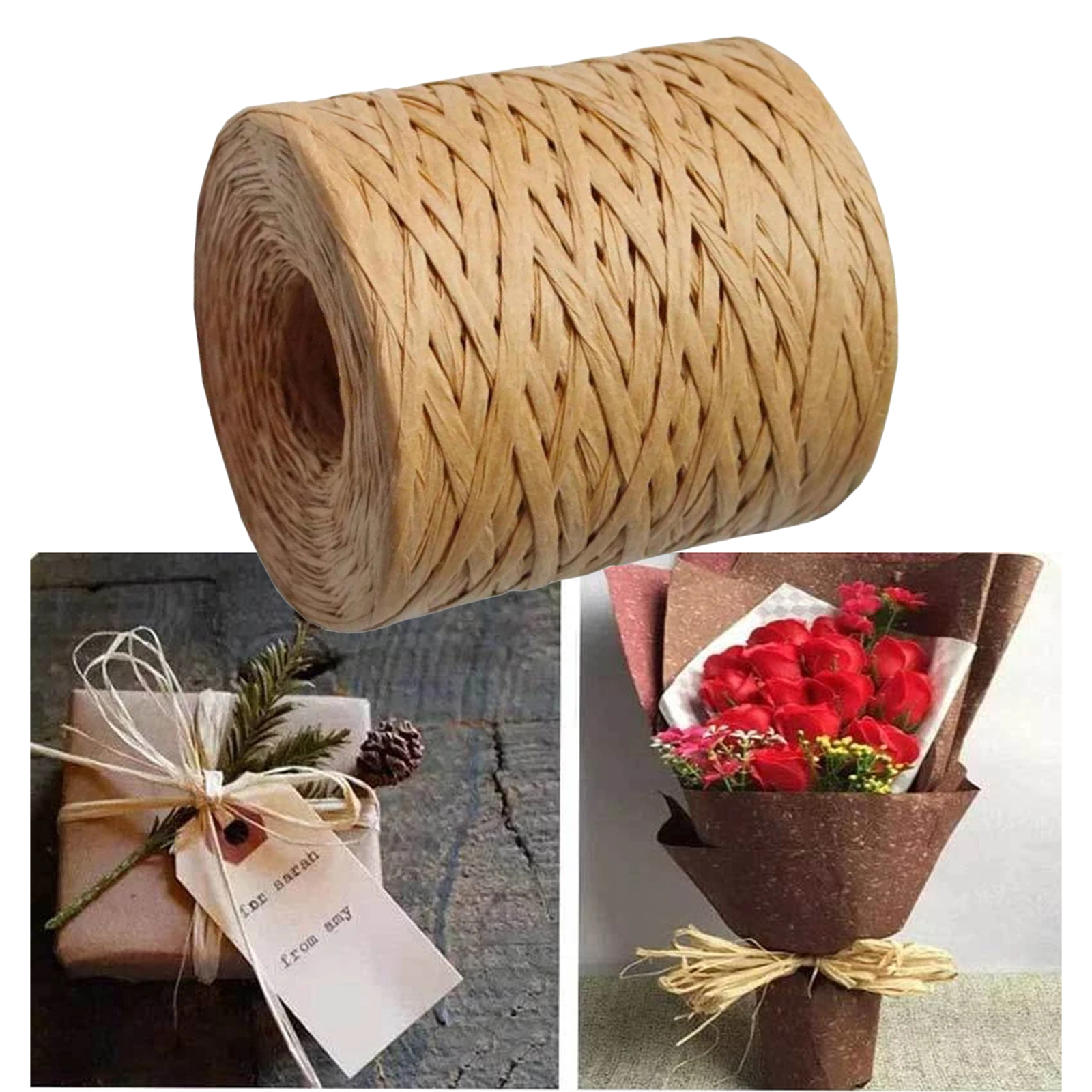 200m Raffia Paper Ribbon Roll Eco-friendly Recyclable Twine Cord for Valentines Gift Wrapping Bouquets Decoration Weaving