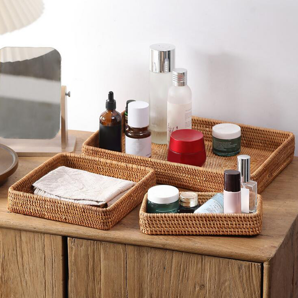 Rattan Serving Tray Home Decorative with Handles Rattan Bread Basket for dinner Snack Lap &Couch Patio