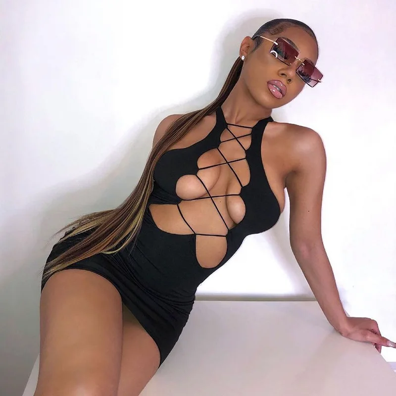 BOOFEENAA Sexy Black Bodysuit Tops See Through Mesh Insert Long