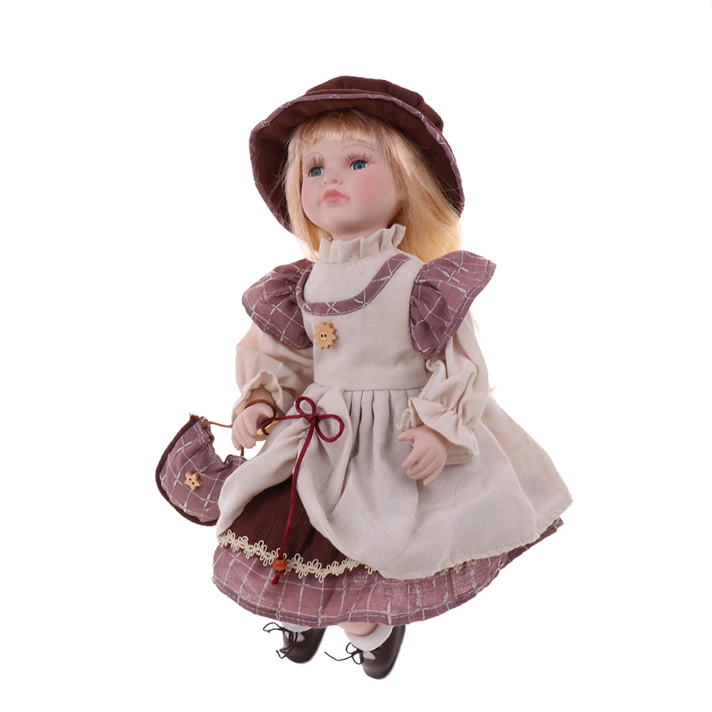 Prettyia Beautiful Porcelain Doll Collection W/Stand 16in Home Decor Beige