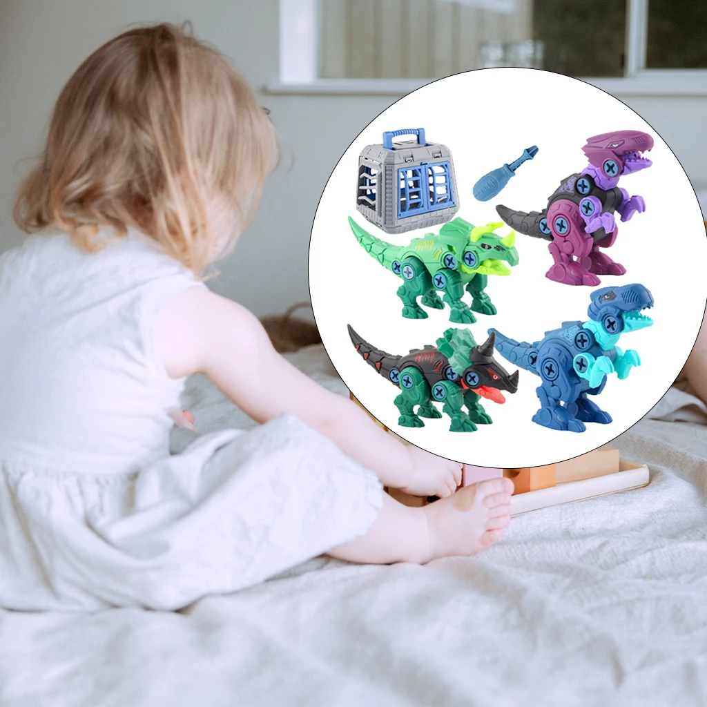 4 Pieces 3D Dinosaur Assembly DIY Toy Animals Building Blocks Tool Set for Boys Girls Age 3-10 Years