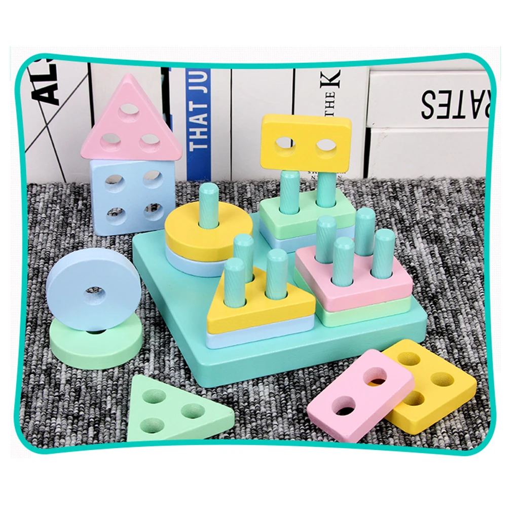 Wooden Geometric Blocks Column Shape Sorter Kids Learning Toy - Square