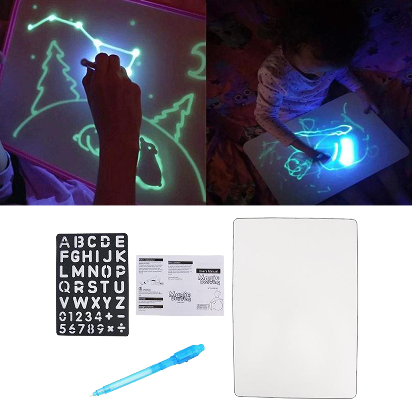 Magic Luminous Drawing Board  With Light-Fun Sketchpad Board Fluorescent Pen and Template For Kids Children