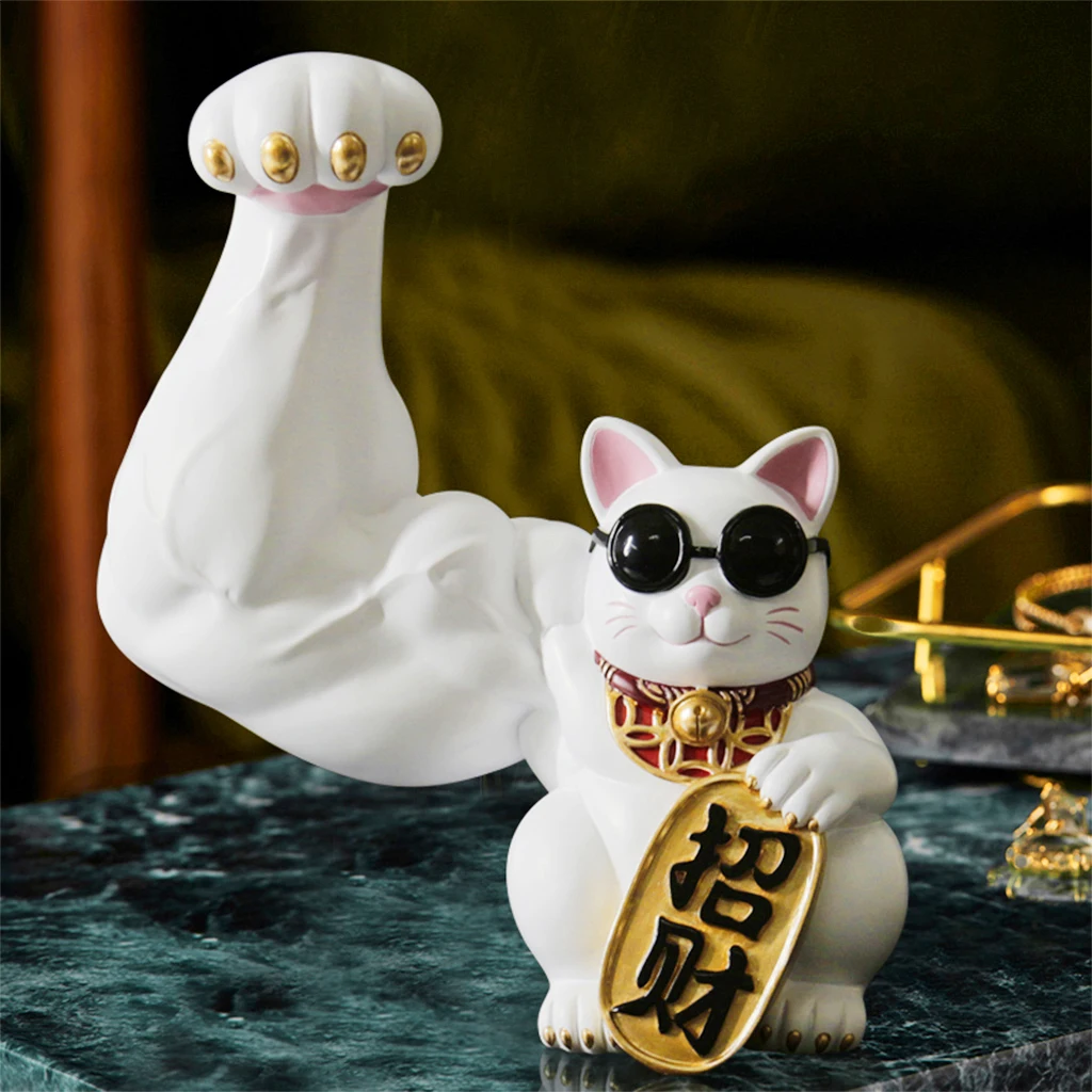 Resin Muscle Arm Lucky Cat Figurines Waving Arm Fortune Big Arm Animal Statue Home Table Decor Feng Shui Ornament For Interior