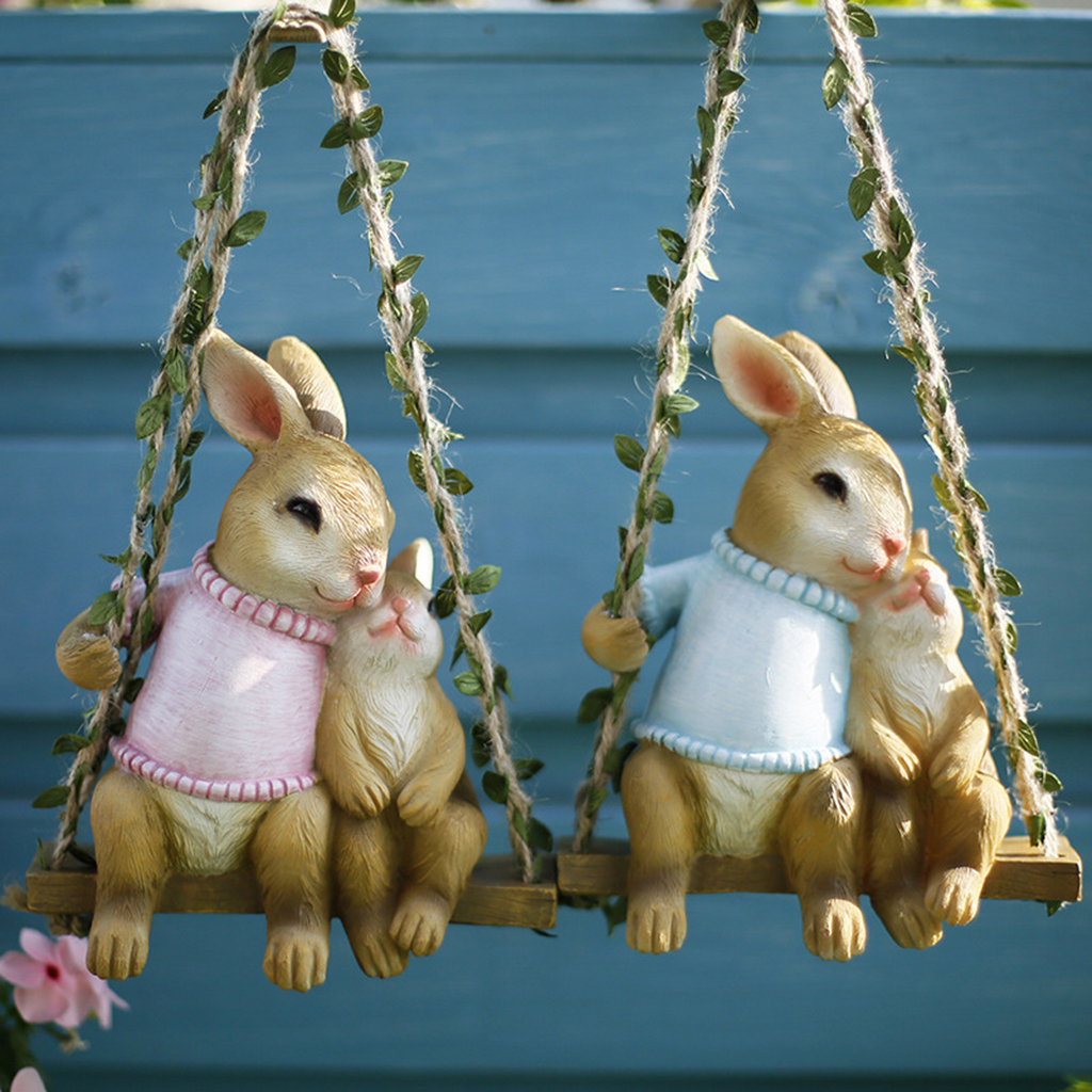 Rabbit Statue Hand Painted Sculpture Model Farm Tree Wall Hanging Decoration