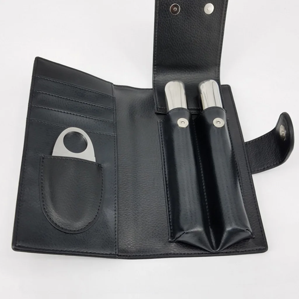 Cigar Case Holder 2 Tube Genuine Leather Cigar Pack Pouch Portable Cigar Set