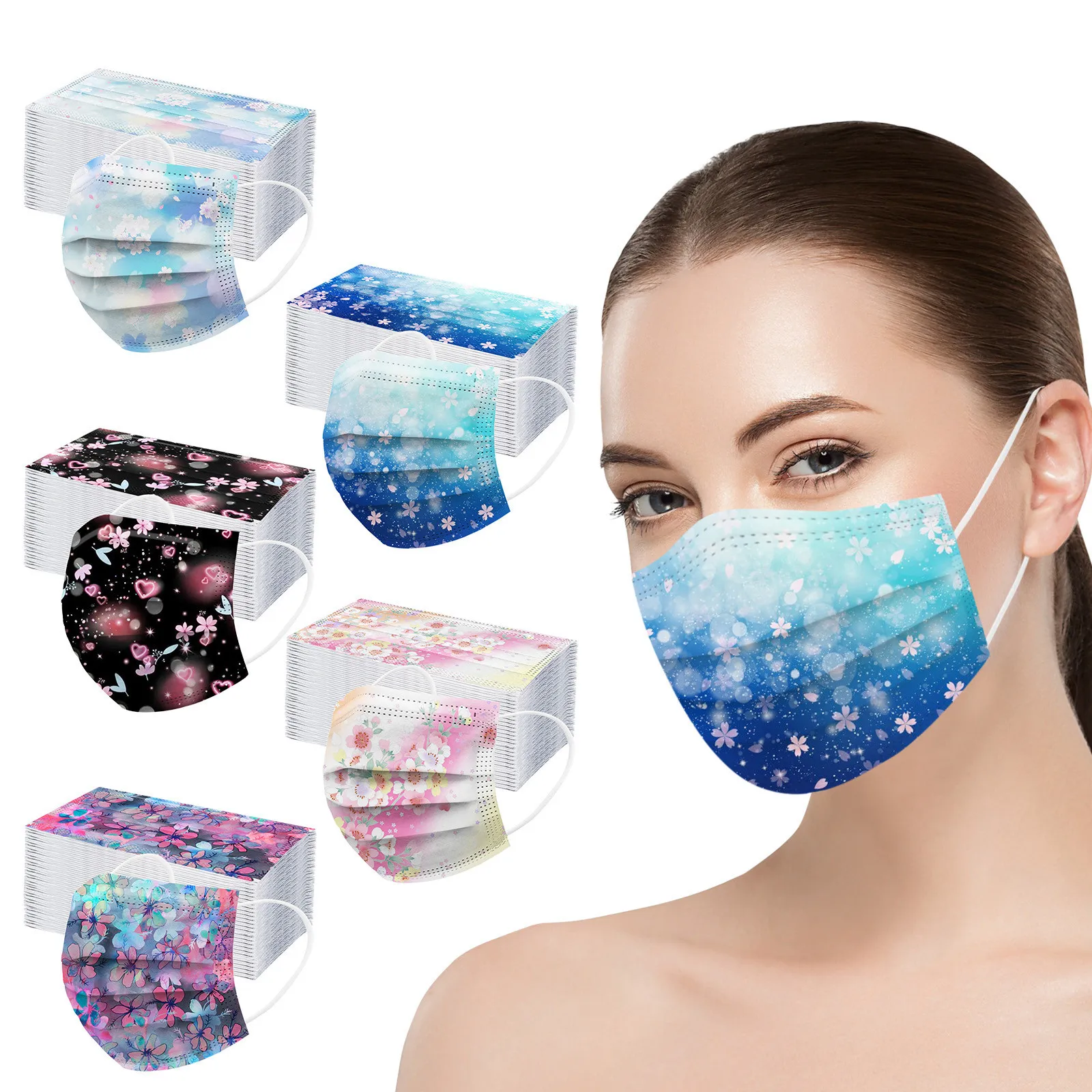 50pcs Adult Mask Snowflake Three-layer Disposable Dust-proof Protective Facemask Flowers Print Non Woven Mouth Cover Halloween halloween outfits