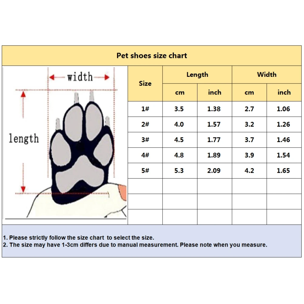 Una tabla de tallas de zapatos para mascotas, diseñada específicamente para perros. La tabla incluye medidas en centímetros y pulgadas para el ancho y largo de los zapatos, que corresponden a diferentes tallas de zapatos.