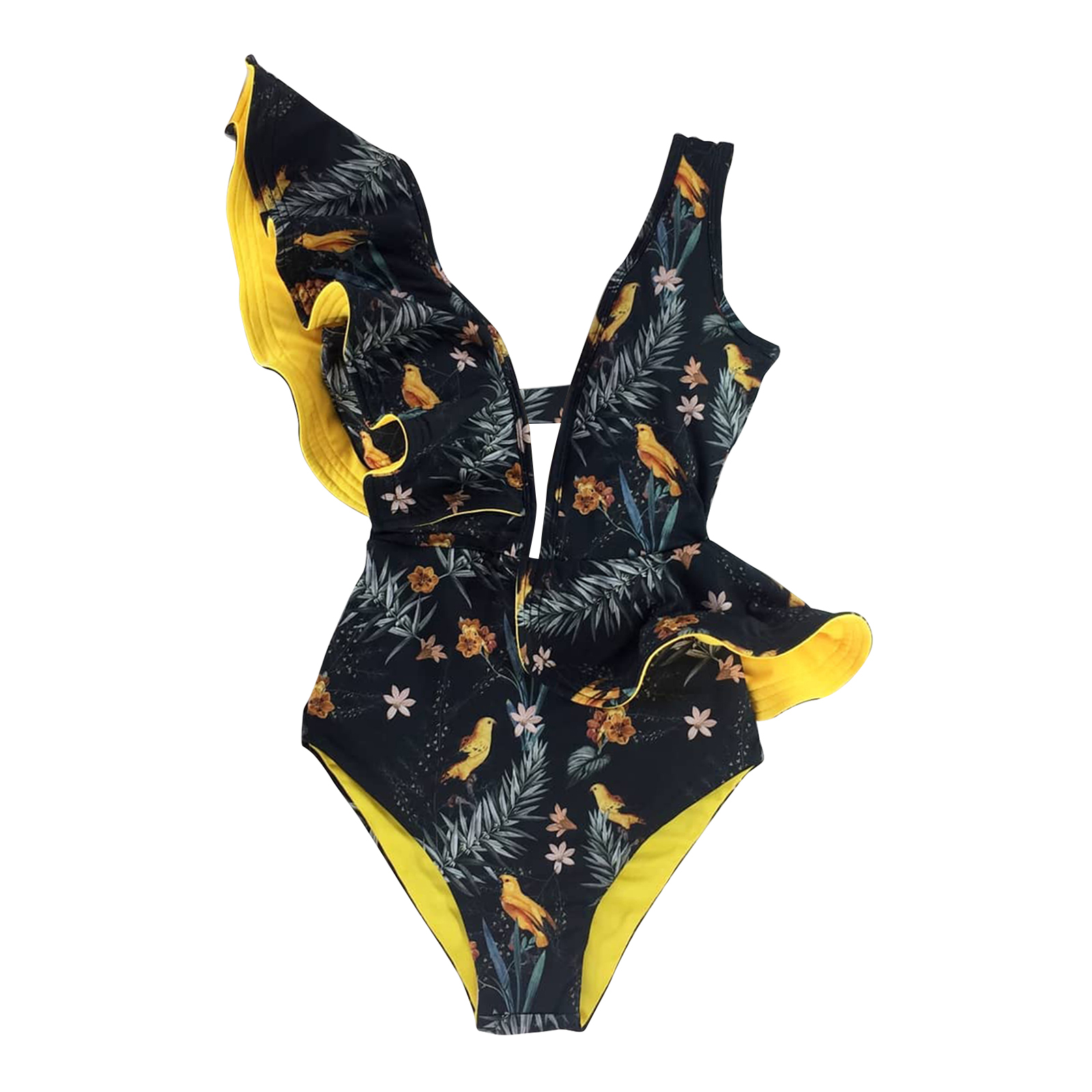 Sexy Ruffle Print Floral One Piece Swimsuit Swimwear Bikini Women Solid V Neck Beachwear Bathing Suit Monkini Off The Shoulder