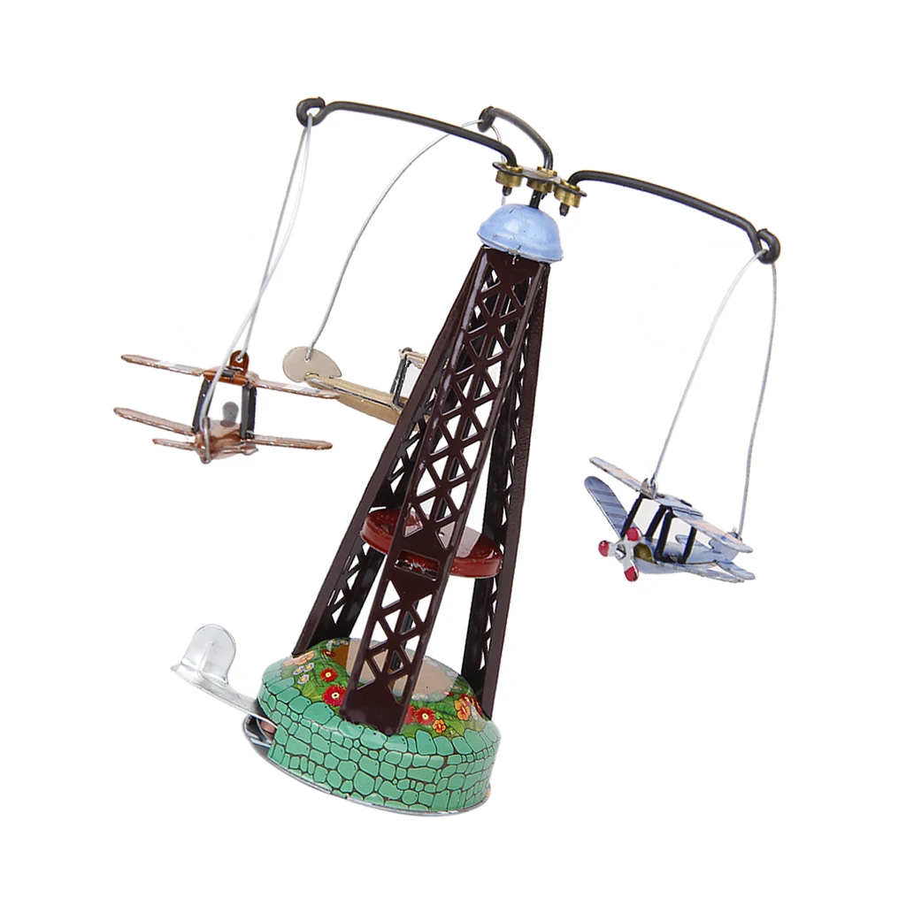 Retro Wind Up Rotating Airplane Carousel Clockwork Tin toy Collectible Gift