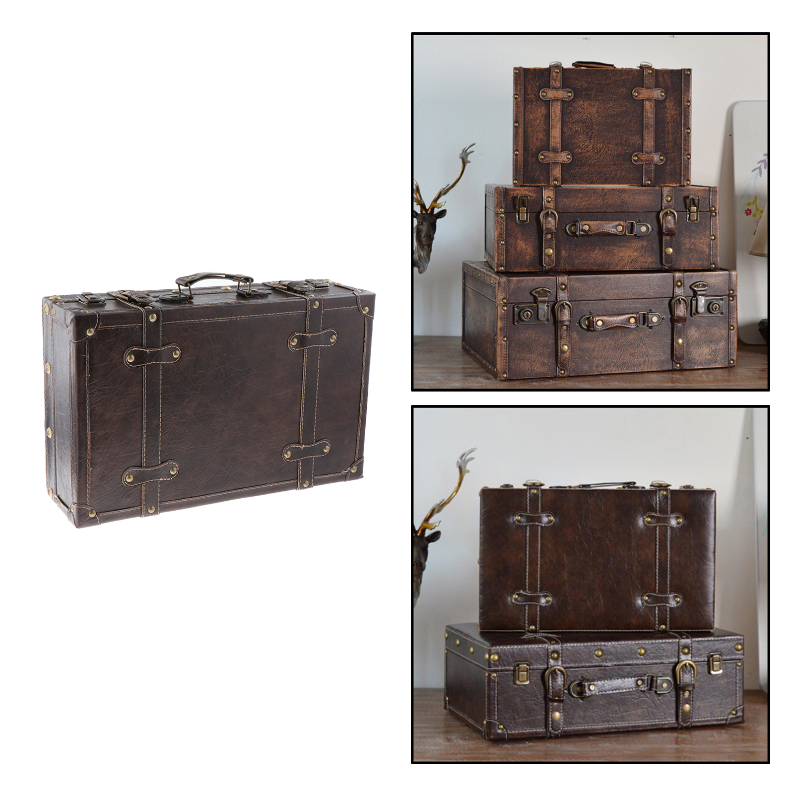 Vintage Wood Leatner Suitcase British Style Decorative Travel Storage Box Jewelry Box Photography Props