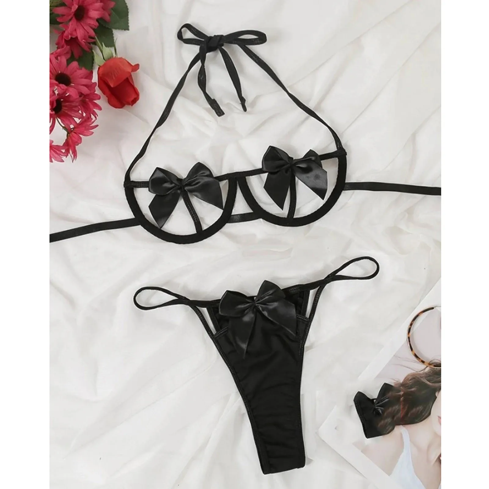 sexy bra set Sexy Lingerie Women's Bow Cut Out Bras Thong Underwear Sets Solid G String Sensual Lingerie Women Seamless Sexy Underwear Sets bra sets