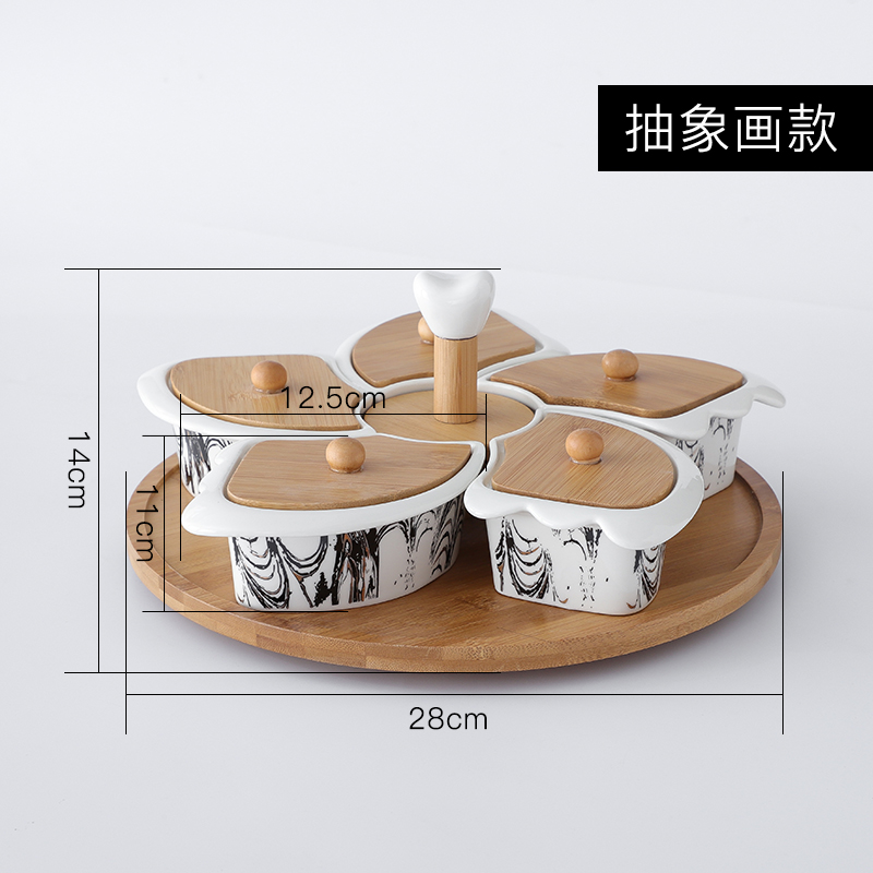 Ceramic Snack Tray With Wooden Lid Rotatable 5 Grids Snack Bowl Wood Surfaces Dessert Fruit Plate Decorative Plate Tableware