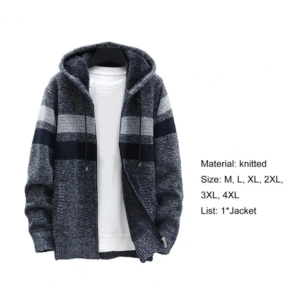 2021 Hot Sale New Men Hooded Coat Color Block Knitted Autumn Winter Thicken Plush Warm Cardigan Sweater for Office best jackets for men