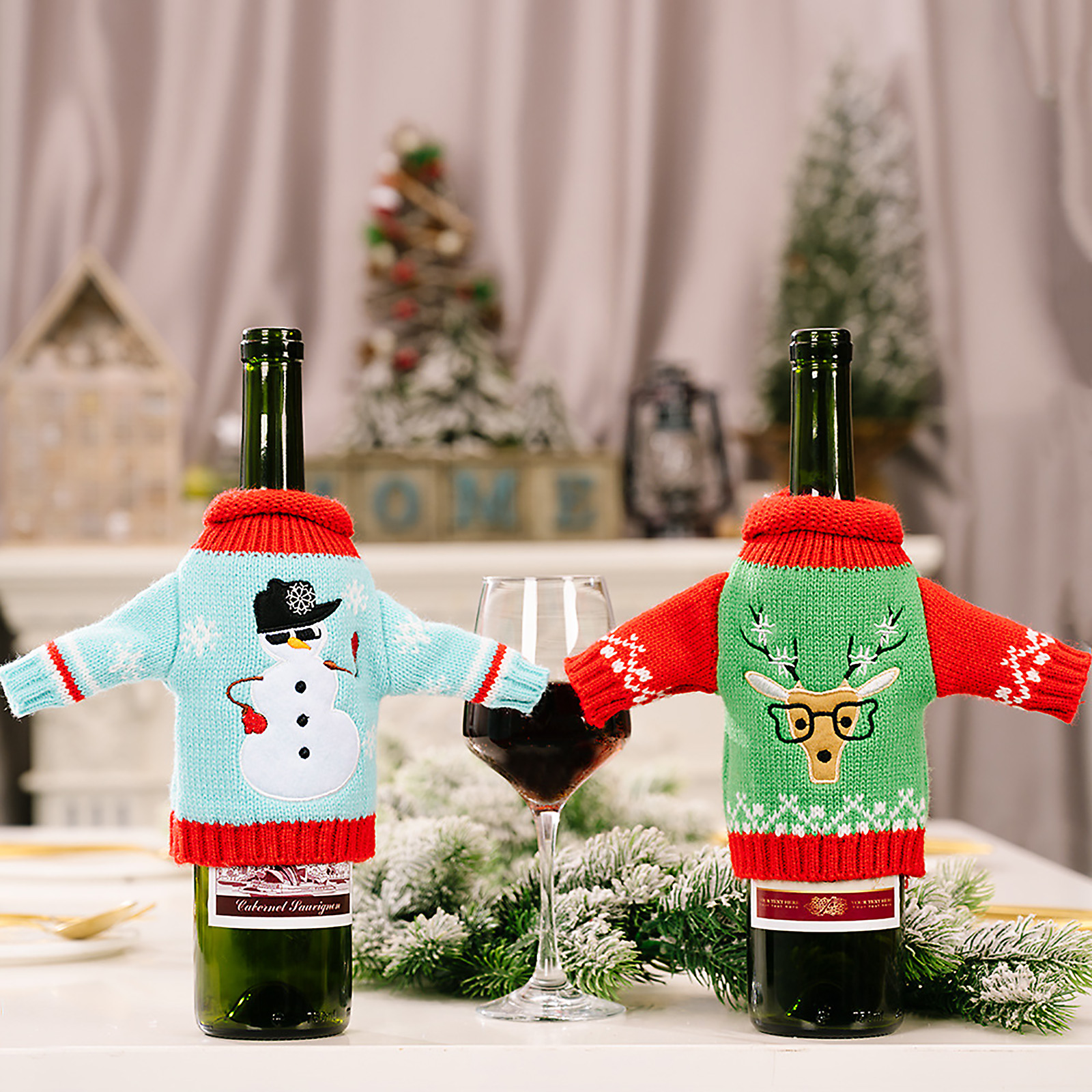 Lot De 2 Housses Bouteille De Vin Noël - Décoration Rouge En Lin - Pour Fêtes Et Cadeaux