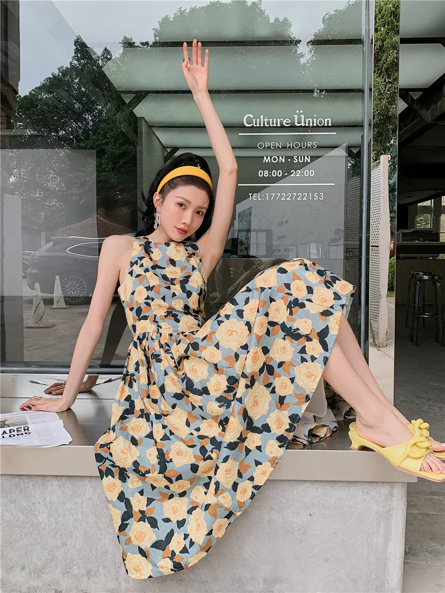 H618389dff5334597ac92c37d6d2c4a56R - Summer Korean Sleeveless Cotton Linen Open Back Floral Print A-Line Midi Dress