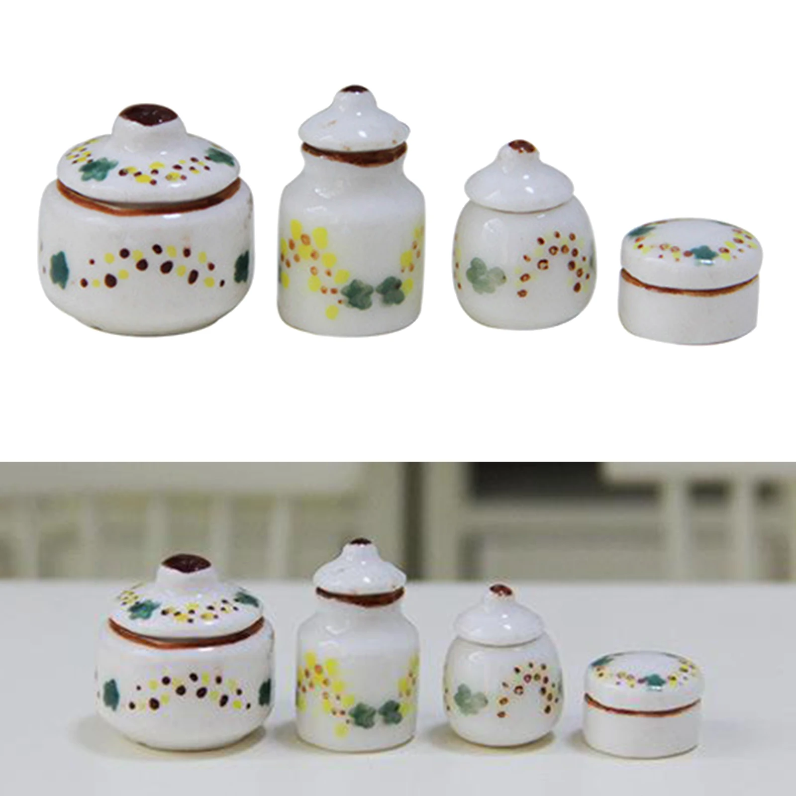 4pcs 1/12 Dollhouse Miniature Porcelain Pots Set Kitchen Seasoning Jars for