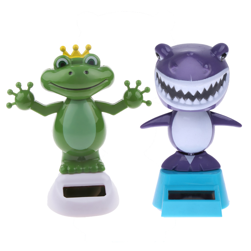 2Pcs Solar Powered Solar Powered Toy Bobble Head Toy Auto Car Home Ornaments Frog + Shark