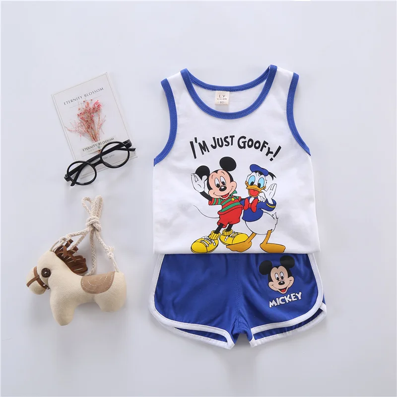 New Boys and Girls Mickey Cartoon Sleeveless Two-piece Children's Vest Shorts Suit Baby Cotton Sweat-absorbent Sports Suit warm Baby Clothing Set