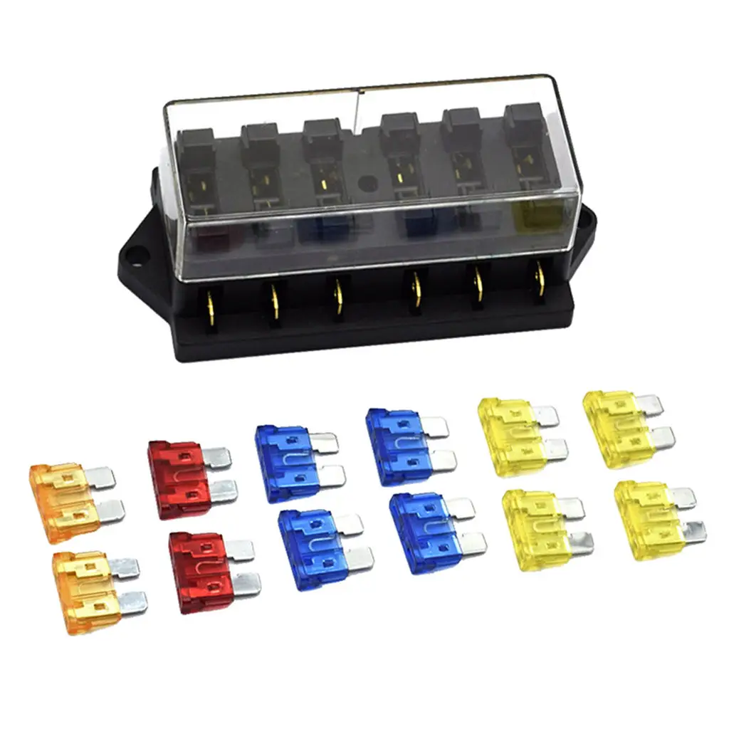 Car 6-Way Blades Circuit Fuse Box Holder 5A/10A/15A/20A Fuses for Yacht RV
