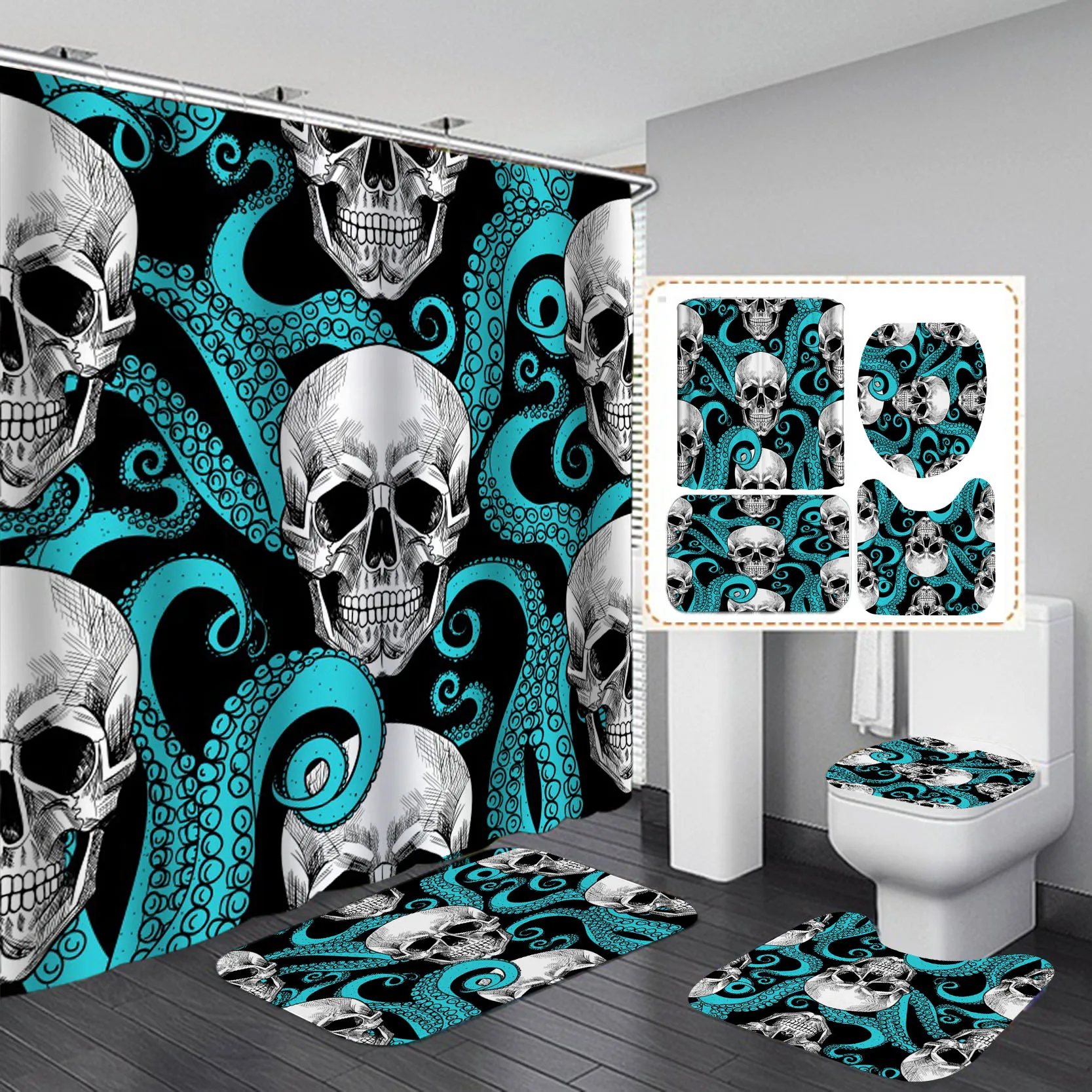 Skull Shower Curtain Funny Halloween Skeleton Pattern Bath Curtain with Hooks 
