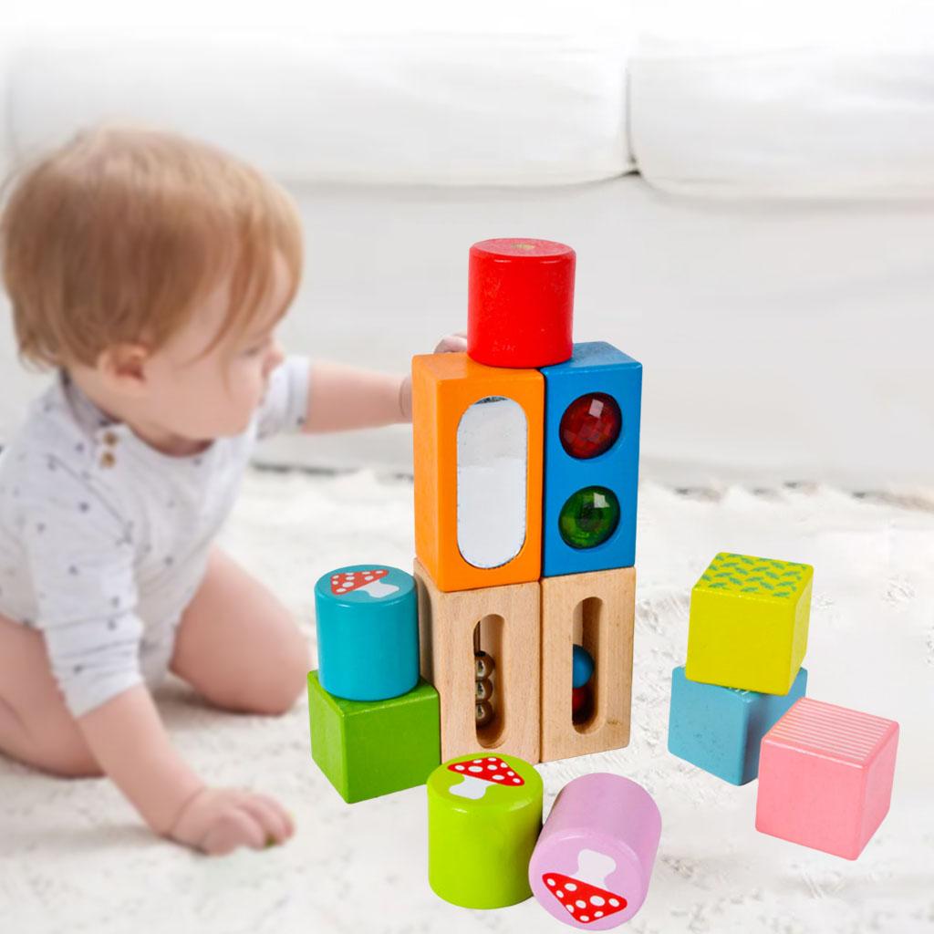 12 Pieces Wooden Stacking Blocks Sound Toys Color Cognition Brain Teasers Hand-Eye Coordination Building Blocks for Children