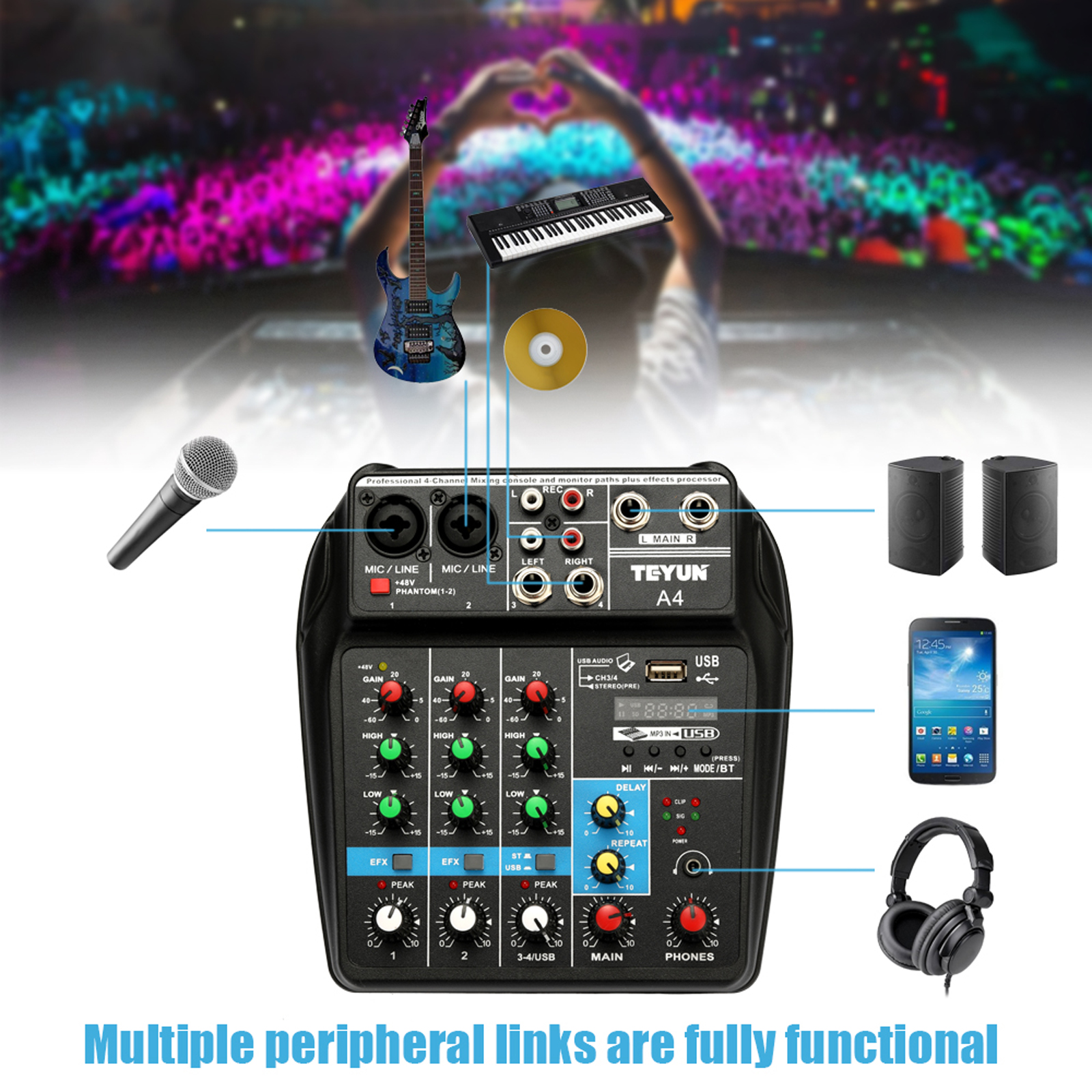 1pc Portable 4 Channel Digital DJ Sound Mixing Console System MP3 Jack 48V Amplifier AUX Paths for Studio Streaming
