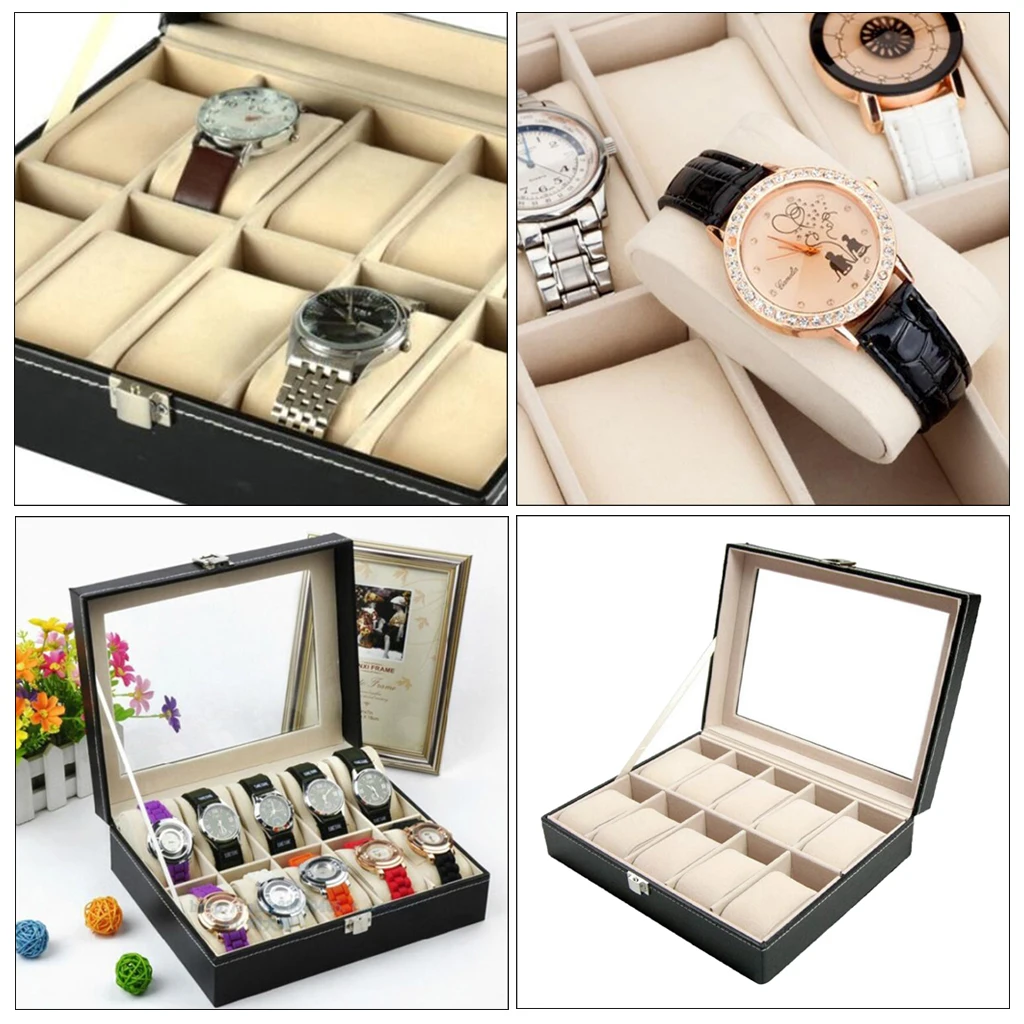 10 Slot Wooden Watch Box Showcase Glass Top Jewelry Storage Organizer Holder