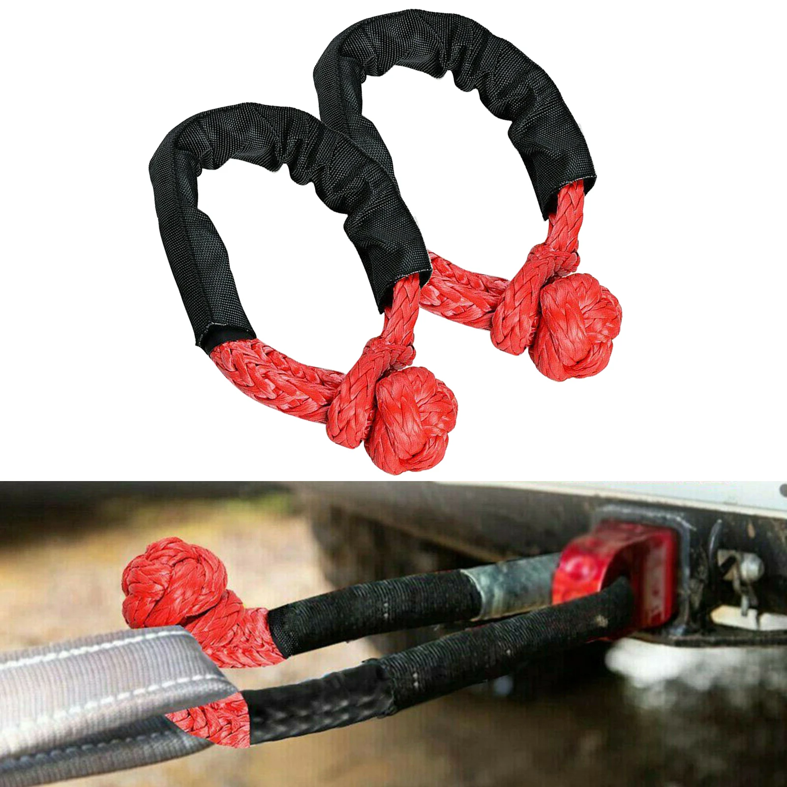 2pcs Durable Synthetic Soft Rope Shackle Recovery Rope for SUV Jeep Off Road Climbing Towing Boating