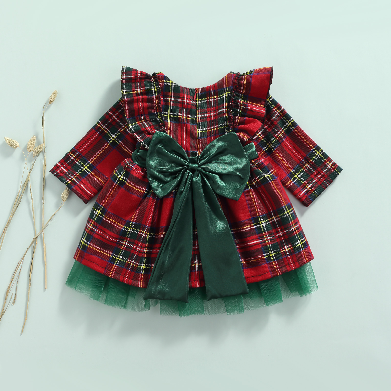 FOCUSNORM 0-6Y Prinzessin Baby Mädchen Weihnachten Party Kleid Plaid Gedruckt Rüschen Langarm Big Bowknot Spitze Tutu Kleid – Detail 3