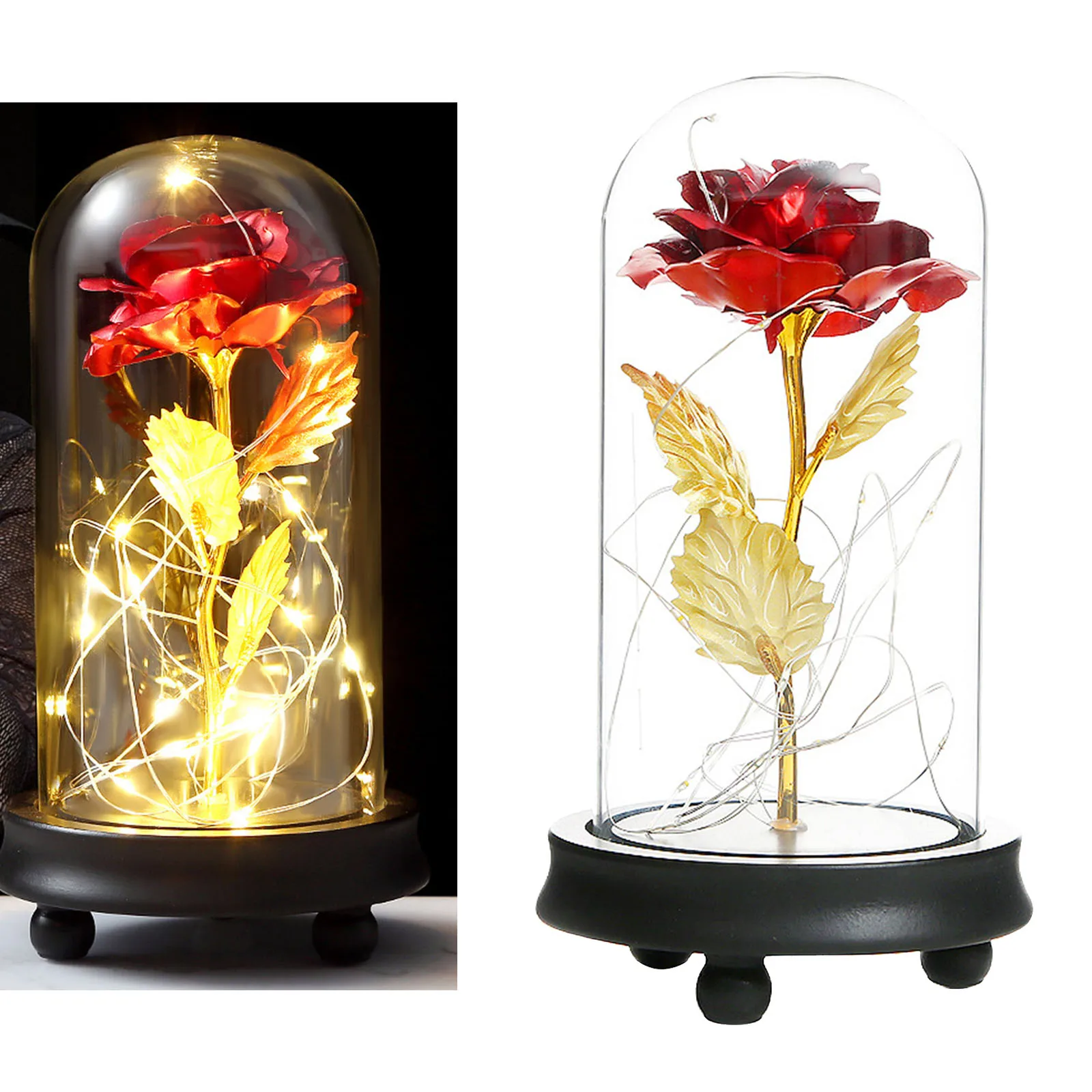 Enternal Rose Flower in Clear Glass Dome Flower LED Lamp Light with Wooden Base 22x11.4cm