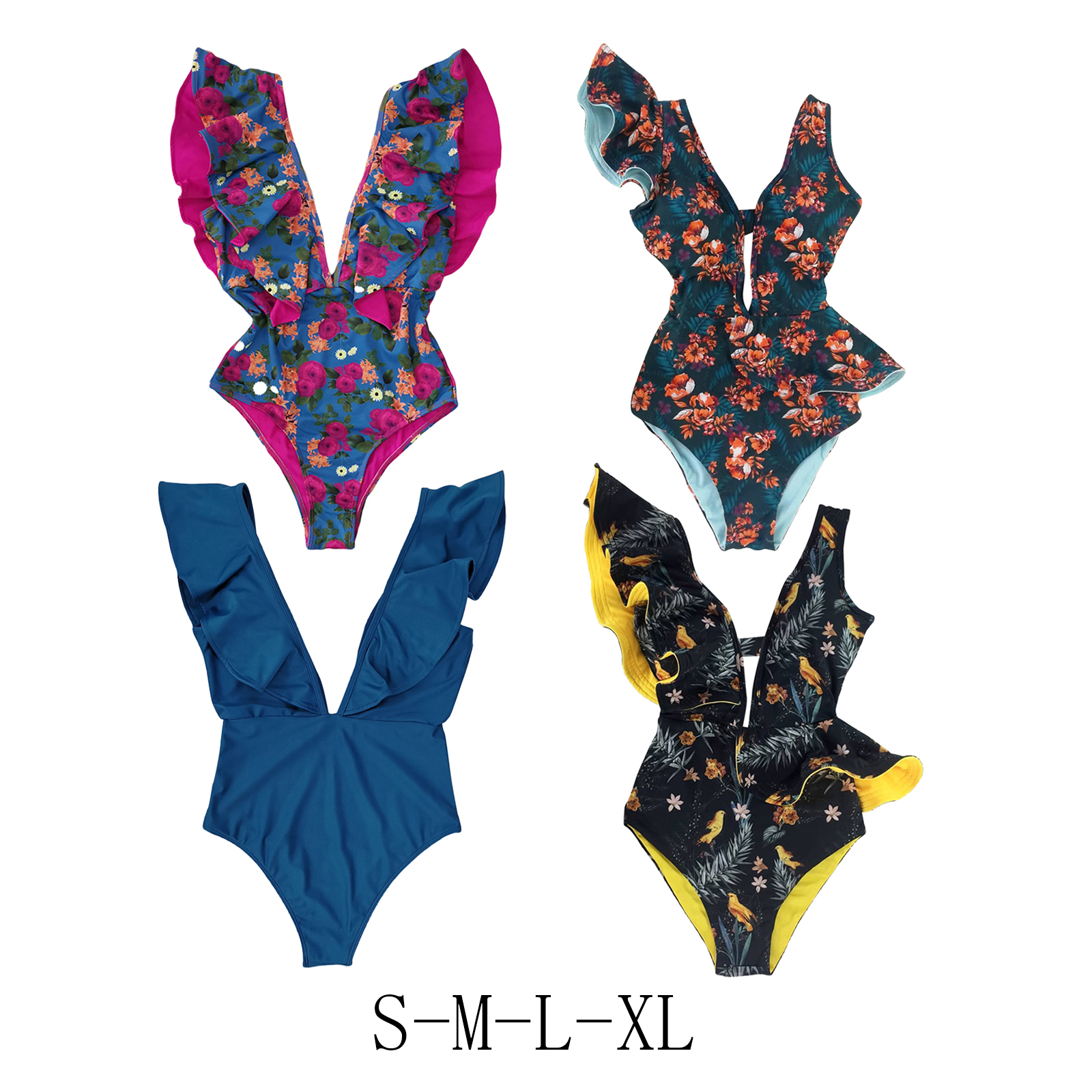Sexy Ruffle Print Floral One Piece Swimsuit Swimwear Bikini Women Solid V Neck Beachwear Bathing Suit Monkini Off The Shoulder