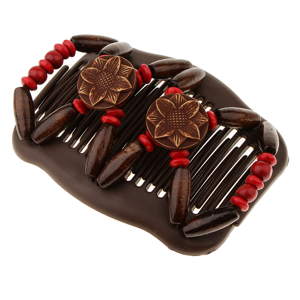 Magic Wood Beaded Double Hair Comb Clip Floral Design Stretchy Women Ladies Hair Stying Accessory