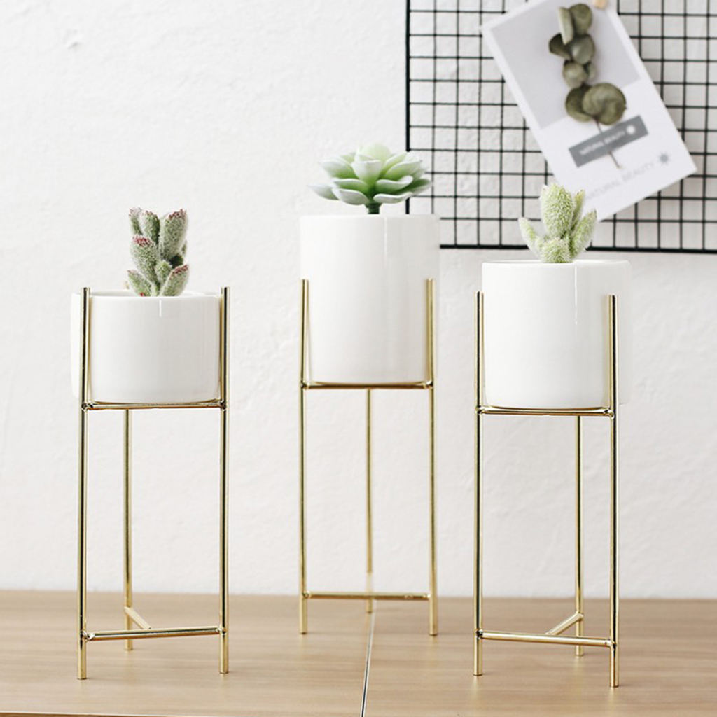 3xCeramic Flower Plant Pot Vase with Iron Holder for Home Decor-Gold- S/M/L