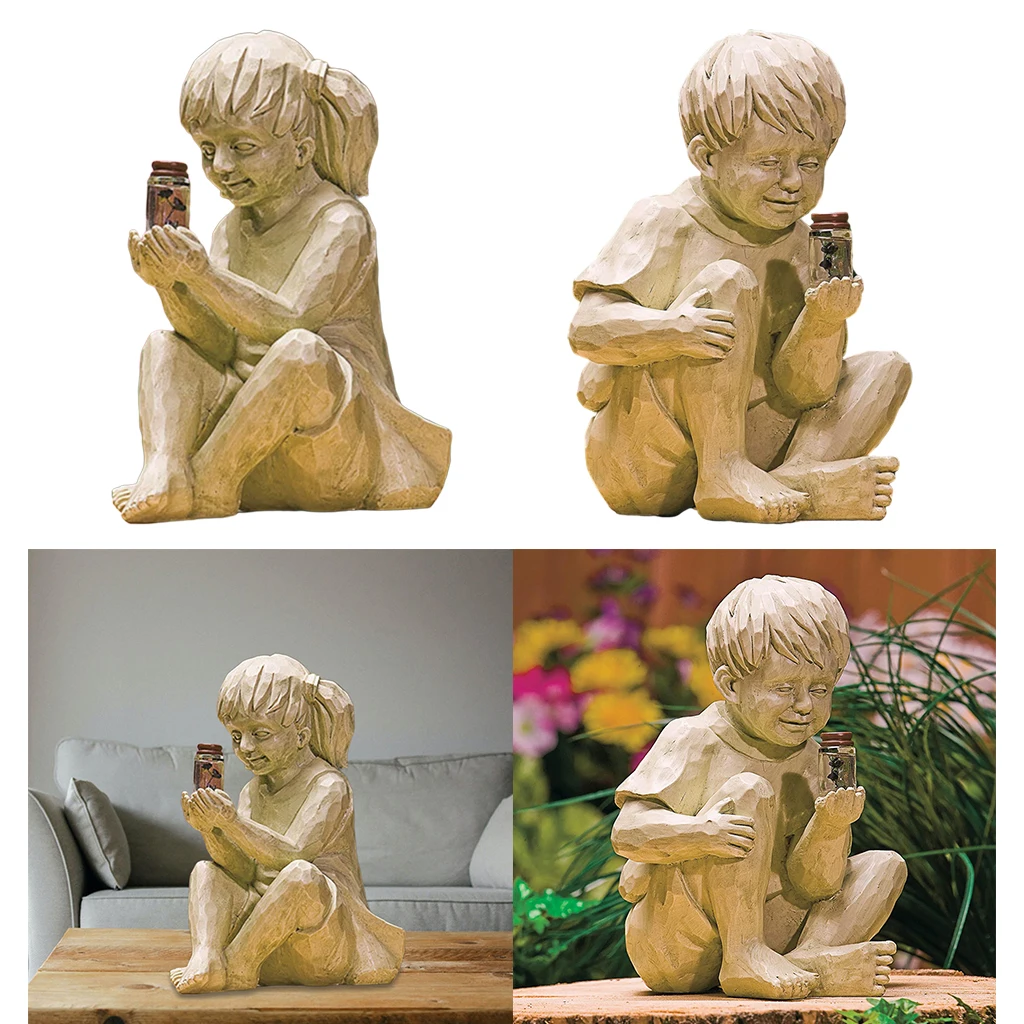 Resin Garden Kids Statues w/ Lighted Jar Figure Desktop Ornament Decor
