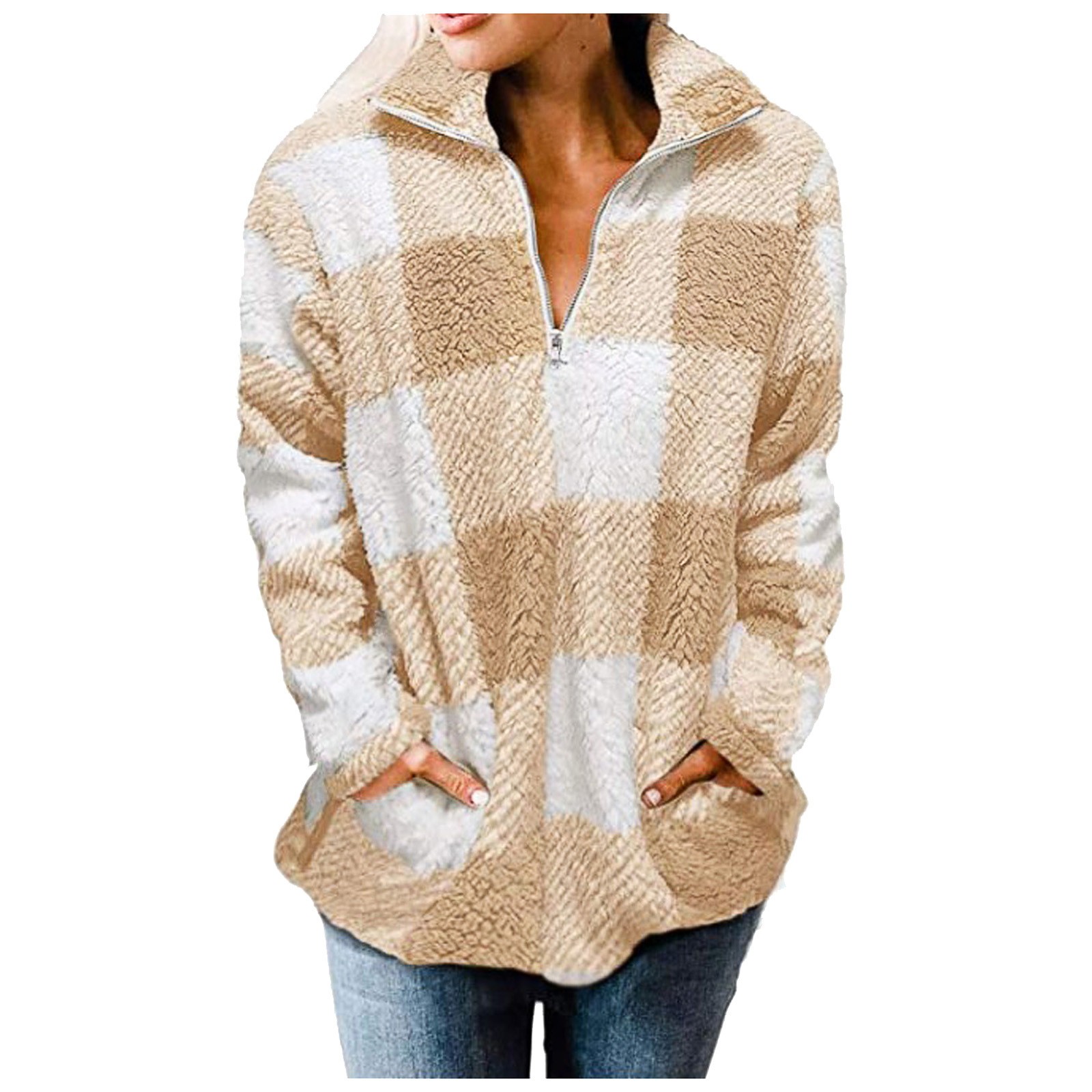 plaid trimmed fleece pullover