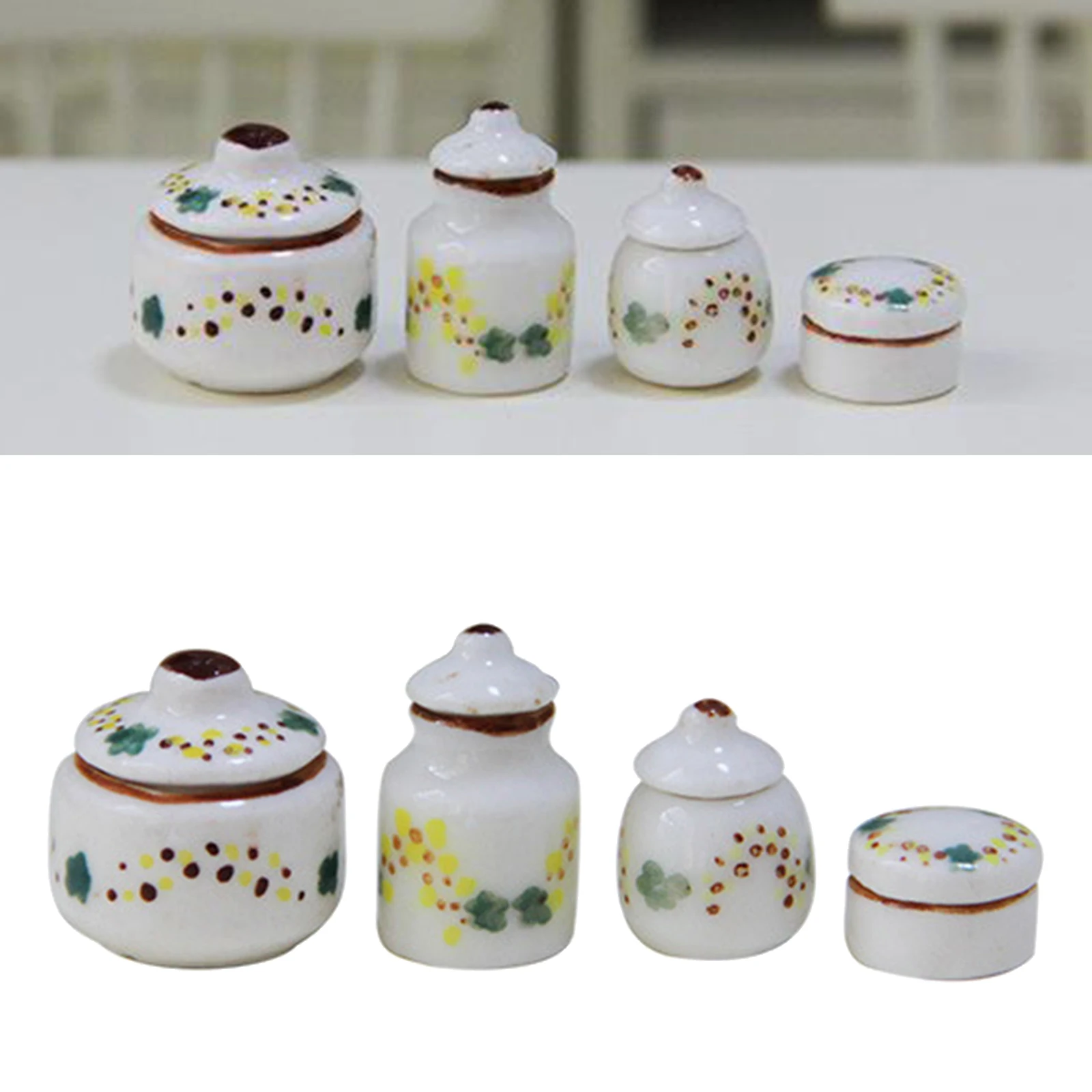 4 pieces 1:12 Doll House Furniture Set Mini Porcelain Pots Cans Seasoning Jar