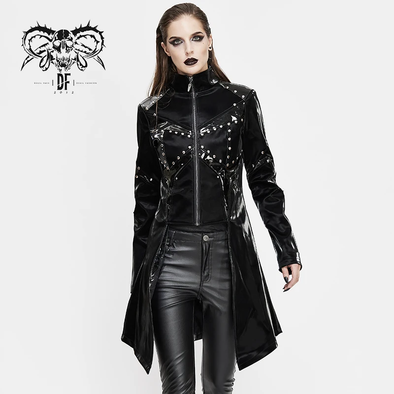 Devil Fashion Manteau long dhiver gothique punk épais rouge col haut pour femme