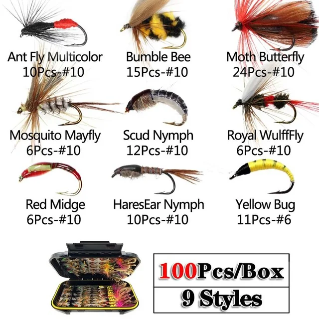 100Pcs Outdoor Fly Fishing Flies Assortment Waterproof Fly Box Dry