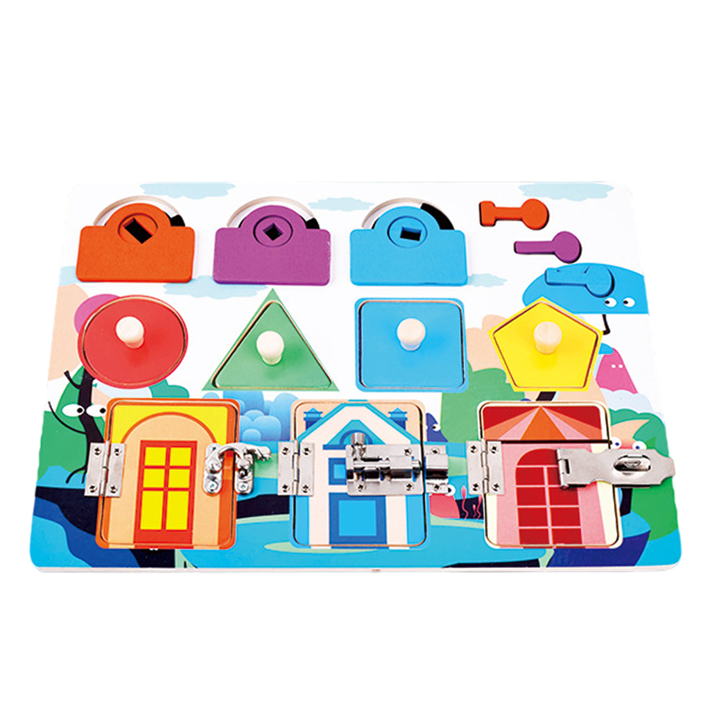 Montessori Toddler Busy Board Wooden Sensory Unlock Toys Locks Latches Board Activity Board Fine Basic Skills Travel Toy Age 3+