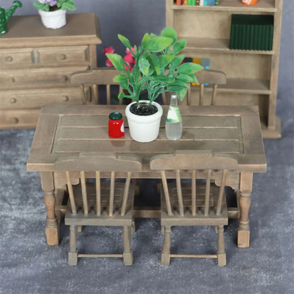 5pcs/set Dining Table Chair Model Set 1:12 Dollhouse Miniature Furniture Wooden Furniture Set Wood Color