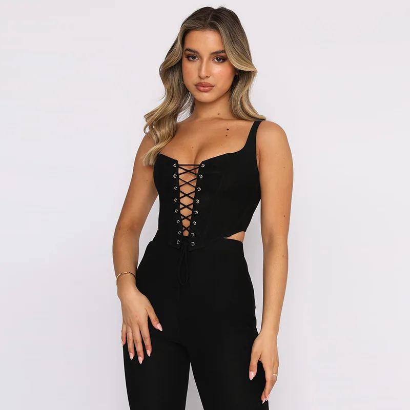New Womens Vest Sleeveless Square Neck Drawstring Tops Fall Summer Wrapped Casual Crop Cutout Shirt Casual Style Hot Sale S M L