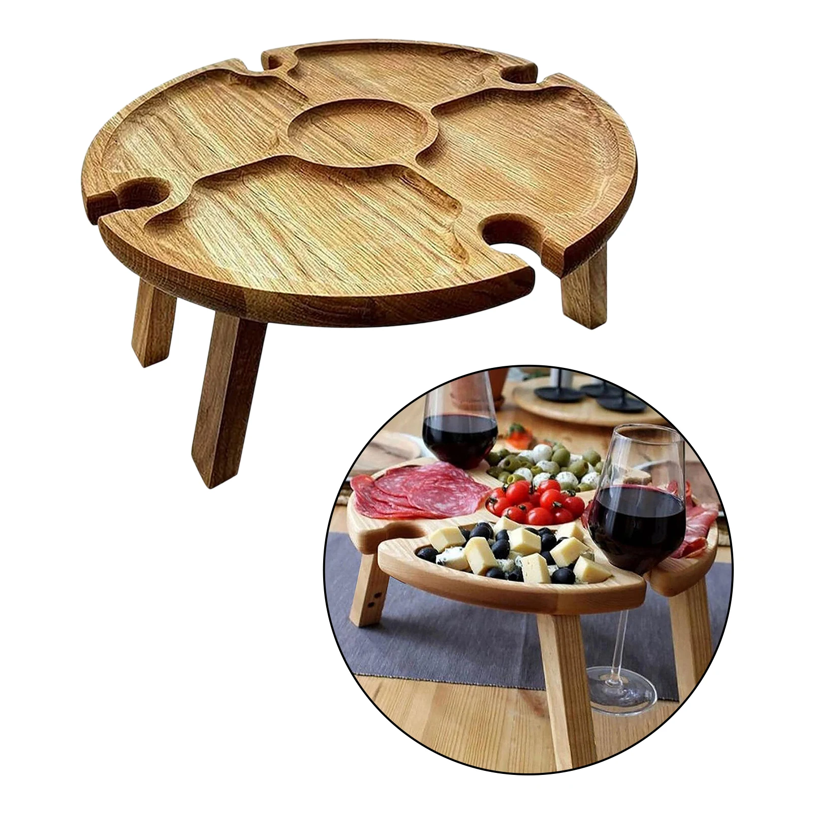 Wooden Outdoor Folding Picnic Table with Glass Holder, Outdoor Portable Picnic Table, 2in1 Wine Glass Rack & Compartmental Dish