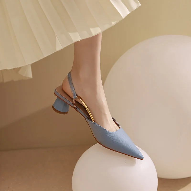 French satin temperament toe sandals women shoes spring and summer 2021 mid-heel Non-slip shoes pointed toe single shoes women W