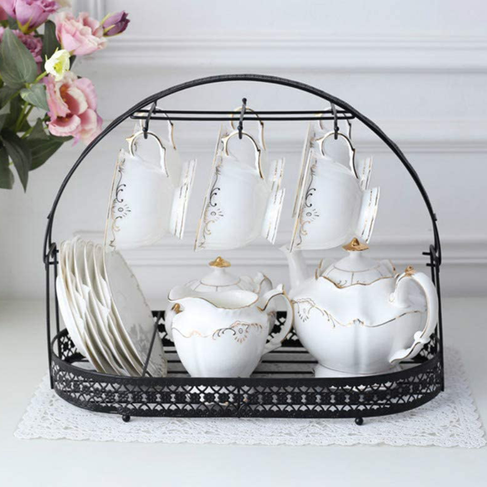 Mug Holder Coffee Rack Coffee Cup Holder Tea Set Stand Dishes Organizer Wrought Iron Mug Drainer Storage Drying Rack